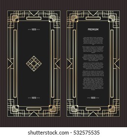 Vector geometric frame in Art Deco style. Rectangle abstract element for design. Black and golden lined shape. Sandblasting ornament