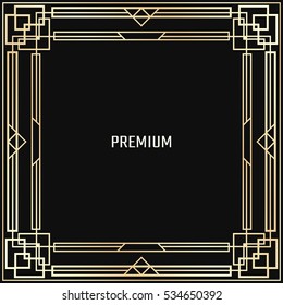 Vector geometric frame in Art Deco style. Square abstract element for design. Light golden lined shape
