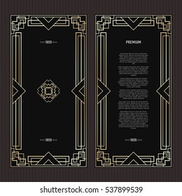 Vector geometric frame in Art Deco style. Rectangle abstract element for design. Black and golden lined shape. Sandblasting ornament
