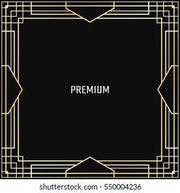 Vector geometric frame in Art Deco style. Square abstract element for design. Light golden lined shape. Sandblasting ornament.