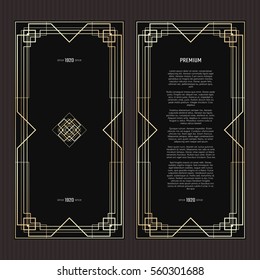 Vector geometric frame in Art Deco style. Rectangle abstract element for design. Black and golden lined shape. Sandblasting ornament