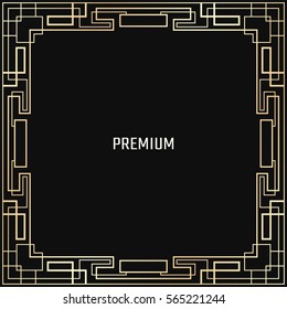 Vector geometric frame in Art Deco style. Square abstract element for design. Light golden lined shape. Sandblasting ornament.