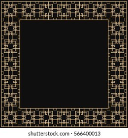 Vector geometric frame in Art Deco style. Square abstract element for design. Light golden lined shape. Sandblasting ornament on black background