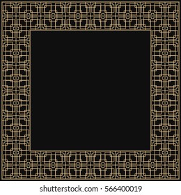 Vector geometric frame in Art Deco style. Square abstract element for design. Light golden lined shape. Sandblasting ornament on black background