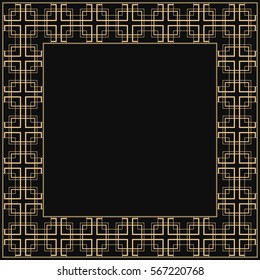 Vector geometric frame in Art Deco style. Square abstract element for design. Light golden lined shape. Sandblasting ornament on black background