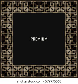 Vector geometric frame in Art Deco style. Square abstract element for design. Light golden lined shape. Sandblasting ornament.