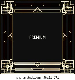 Vector geometric frame in Art Deco style. Square abstract element for design. Light golden lined shape. Sandblasting ornament.