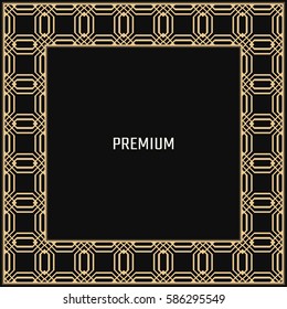Vector geometric frame in Art Deco style. Square abstract element for design. Light golden lined shape. Sandblasting ornament.