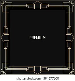 Vector geometric frame in Art Deco style. Square abstract element for design. Light golden lined shape. Sandblasting ornament.