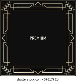 Vector geometric frame in Art Deco style. Square abstract element for design. Light golden lined shape. Sandblasting ornament.