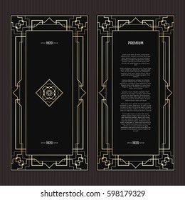 Vector geometric frame in Art Deco style. Rectangle abstract element for design. Black and golden lined shape. Sandblasting ornament.