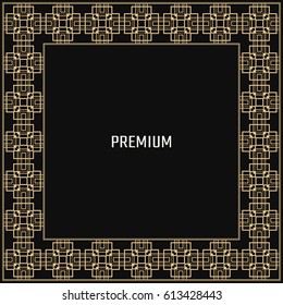 Vector geometric frame in Art Deco style. Square abstract element for design. Light golden lined shape. Sandblasting ornament.