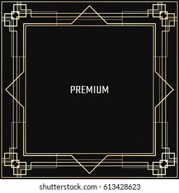Vector geometric frame in Art Deco style. Square abstract element for design. Light golden lined shape. Sandblasting ornament.