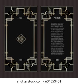 Vector geometric frame in Art Deco style. Rectangle abstract element for design. Black and golden lined shape. Sandblasting ornament.