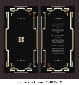 Vector geometric frame in Art Deco style. Rectangle abstract element for design. Black and golden lined shape. Sandblasting ornament.