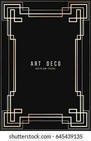 Vector geometric frame in Art Deco style. Rectangle abstract element for design. Black and golden lined shape. Sandblasting ornament.