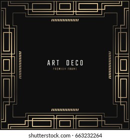 Vector geometric frame in Art Deco style. Square abstract element for design. Light golden lined shape. Sandblasting ornament.