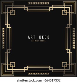 Vector geometric frame in Art Deco style. Square abstract element for design. Light golden lined shape. Sandblasting ornament.