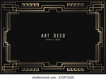 Vector geometric frame in Art Deco style. Rectangle noble design for invitations, cards, posters. Black and golden lined shape. Sandblasting ornament