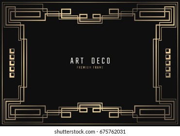 Vector geometric frame in Art Deco style. Rectangle noble design for invitations, cards, posters. Black and golden lined shape. Sandblasting ornament.
