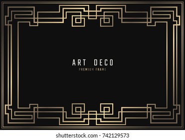 Vector geometric frame in Art Deco style. Rectangle noble design for invitations, cards, posters. Black and golden lined shape. Sandblasting ornament.