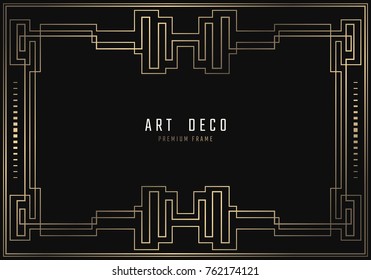 Vector geometric frame in Art Deco style. Rectangle noble design for invitations, cards, posters. Black and golden lined shape. Sandblasting ornament.