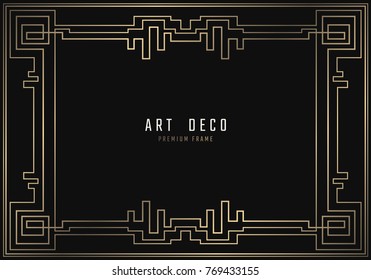 Vector geometric frame in Art Deco style. Rectangle noble design for invitations, cards, posters. Black and golden lined shape. Sandblasting ornament.