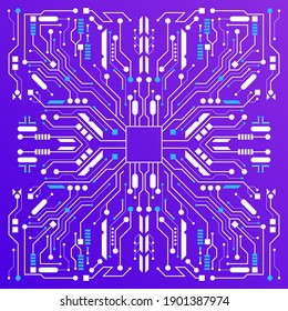 Vector geometric frame with computer chip pattern. Technological background with symmetric thin lines and dots of microprocessor abstract ornament. Texture design for hardware development technology