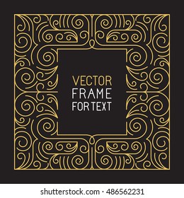 Vector geometric frame with copy space for text in trendy mono line style - art deco monogram design element in golden and black color