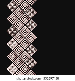 Vector geometric frame in greek style. Seamless border for design. Black and rose golden background with meander ornament. Greece pattern