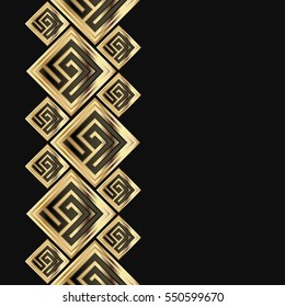 Vector geometric frame in greek style. Seamless border for design. Black and golden background with meander ornament. Greece pattern