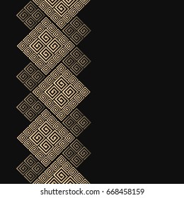 Vector geometric frame in greek style. Seamless border for design. Black and golden background with meander ornament. Greece pattern.