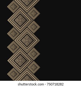 Vector geometric frame in greek style. Seamless border for design. Black and golden background with meander ornament. Greece pattern.