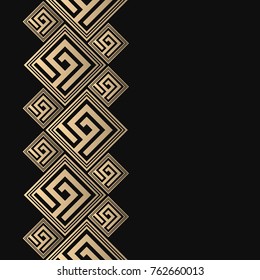 Vector geometric frame in greek style. Seamless border for design. Black and golden background with meander ornament. Greece pattern.