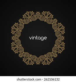 Vector geometric frame in trendy mono line style. Art deco golden monogram design element on dark background.