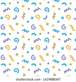 Vector geometric fun simple pattern with color curl, swirl and zigzag decoration on white background. Flat style design of pattern for web, site, banner, print, textile, wrapping paper