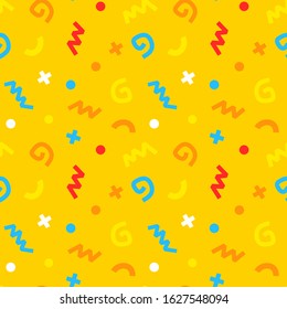 Vector geometric fun simple seamless pattern with decorative bright color curl, swirl and zigzag on yellow background. Flat style design of pattern for web, site, banner, textile, wrapping paper