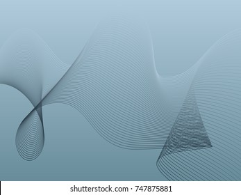 Vector geometric graphic design, abstract blue and grey curves pattern background. Futuristic smoky cover or banner with multiple intersecting bent lines.