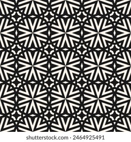 Vector geometric graphic texture. Stylish black and white seamless pattern with lines, stars, arrows, grid, lattice, floral silhouettes. Simple abstract monochrome background. Repeated geo design