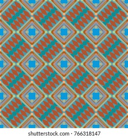 Vector geometric green, blue and orange flat seamless pattern.