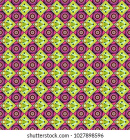 Vector geometric green, brown and pink seamless background.
