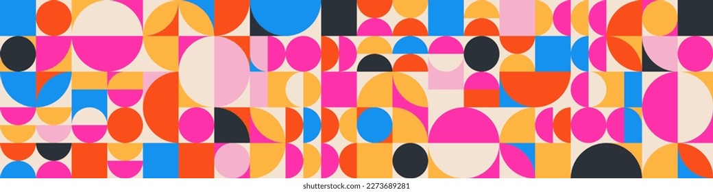 Vector geometric grid pattern. Bauhaus style banner with simple shapes. Vivid primary colors. Horizontal composition for your design. Geometric elements. Vibrant colorful design. Web background banner