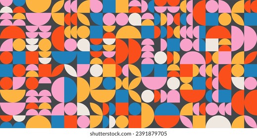 Vector geometric grid pattern. Bauhaus style banner with simple shapes. Vivid primary colors. Horizontal composition for your design. Geometric elements. Vibrant colorful design. Web background banner