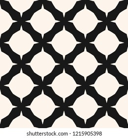 Vector geometric grid seamless pattern. Simple black and white background texture. Abstract monochrome ornament with rounded shapes, crosses, mesh, net, lattice. Repeat design for decor, wallpapers