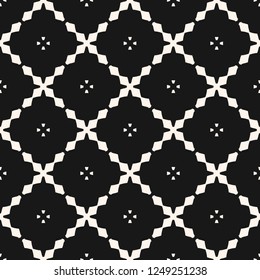 Vector geometric grid seamless pattern. Abstract black and white texture with flower silhouettes, delicate lattice, mesh, net, rhombuses. Simple monochrome background. Dark minimalist repeat design 