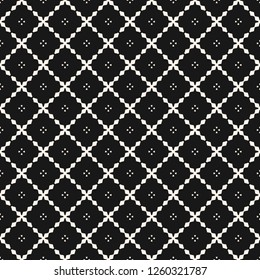 Vector geometric grid seamless pattern. Abstract black and white texture with small flower silhouettes, lattice, mesh, net, rhombuses. Simple monochrome background. Dark minimal repeatable design 