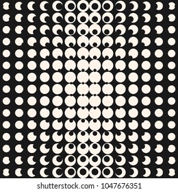 Vector geometric halftone seamless pattern with circles, dots. Black and white texture. Abstract repeat background with radial gradient transition. Optical illusion effect. Hipster style modern design