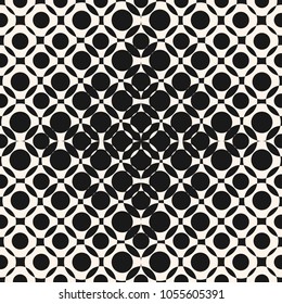 Vector geometric halftone seamless pattern with circles, dots, crossing shapes. Abstract black and white texture. Gradient transition effect. Optical illusion. Trendy modern background, repeat design 