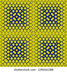Vector geometric halftone seamless pattern with fading shapes, curved lines, mesh. Bright blue and lime green color. Abstract background with gradient transition effect in square form. Repeat design 