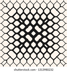 Vector geometric halftone seamless pattern with mesh, grid, net, fading shapes. Black and white abstract background with gradient transition effect in square form. Monochrome texture. Repeat design 